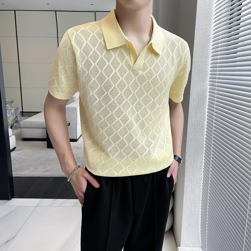 Mens Slim-Fit V-Neck Hollow-Out Knitted Polo Shirt with LapelShort Sleeve Golf Shirt for MenTee Shirt HommeCamiseta Masculina 240827