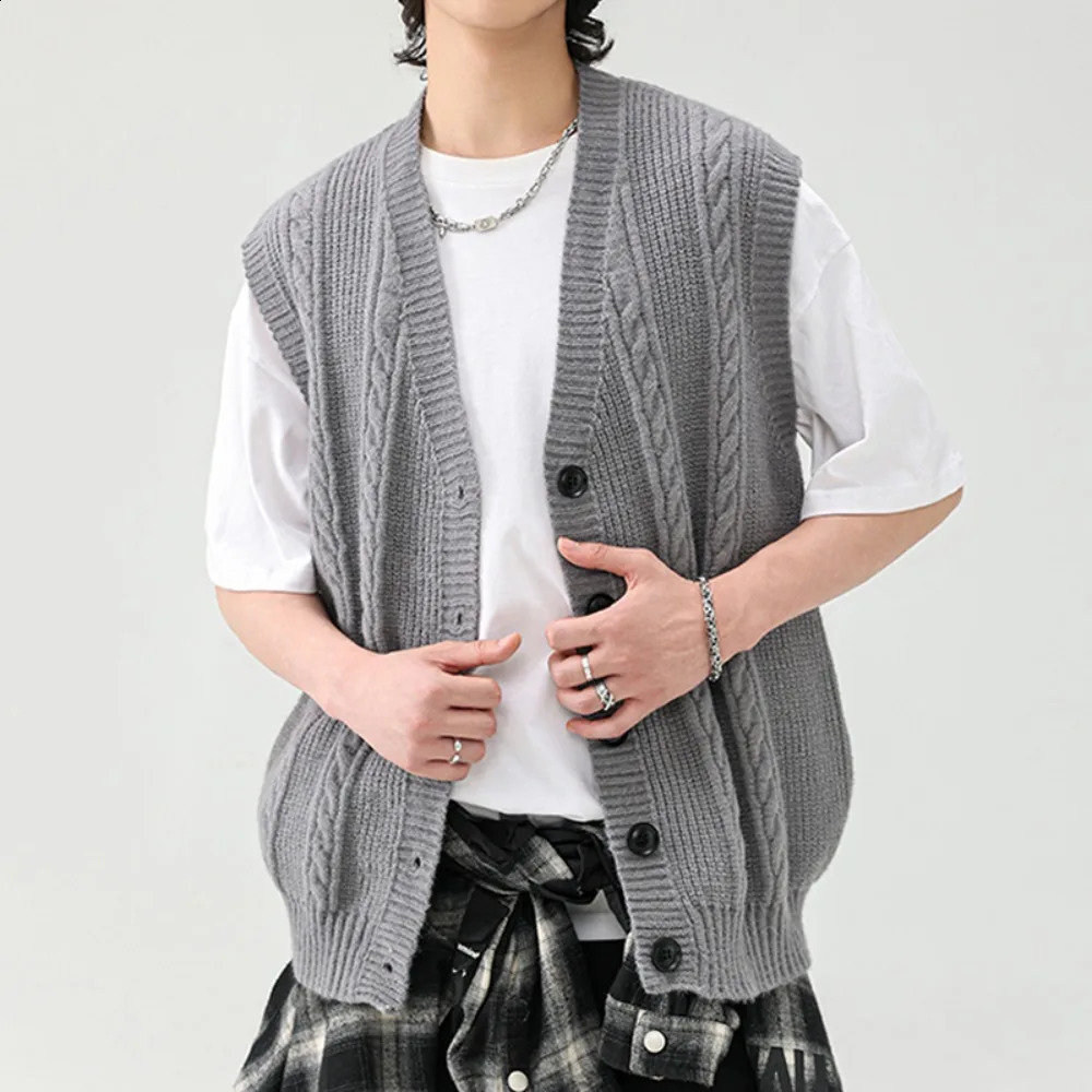 Mens Korean Fashion V Neck Casual Wool Blend Sweater Vest Sleeveless Button Front Knit Cardigan Vest Fall winter Clothes For Men 240826
