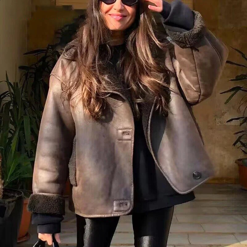 Warm artificial wool jacket womens autumn and winter solid pocket outdoor thick insulated coat comparison with lapel top 240827