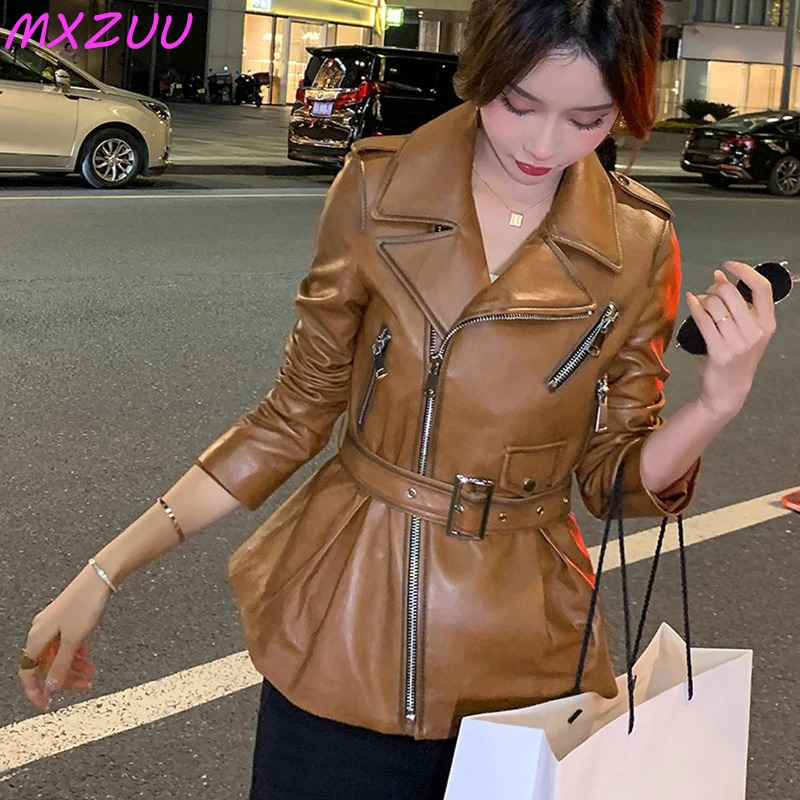 Womens jacket winter genuine sheepskin Korean style waist closure with ultra-thin zipper motorcycle set collar vest womens Marron 240827