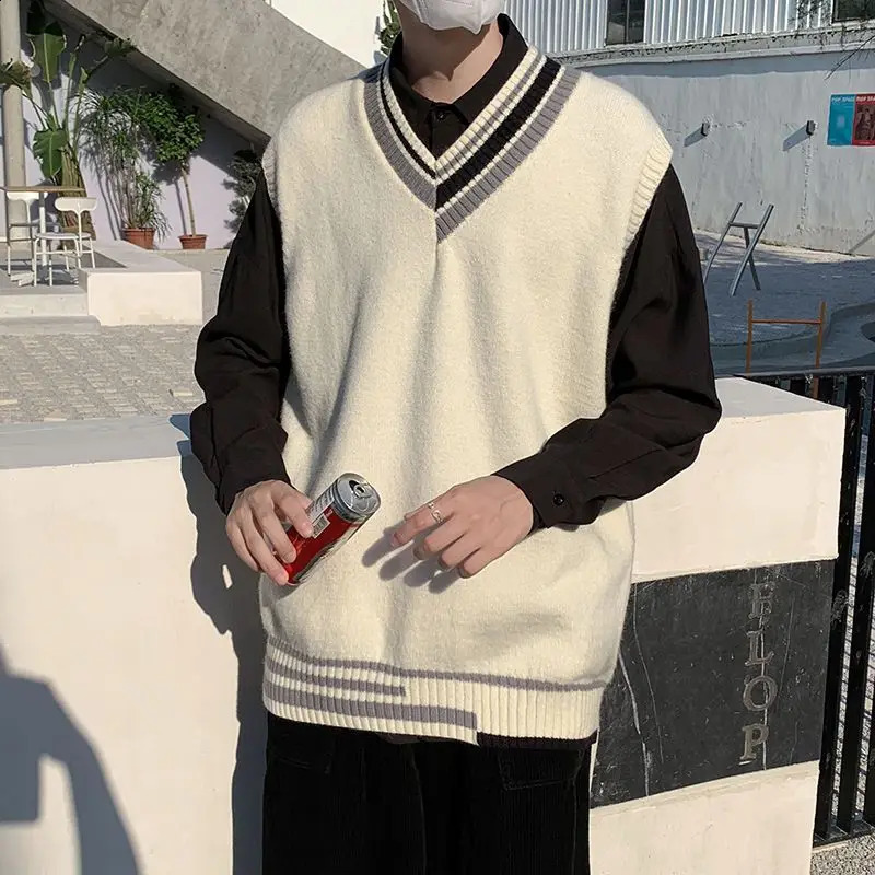 Sweater Vest Men Korean Style Button Handsome Autumn Trendy Loose Knitting All-match Harajuku Contrast Clothing Male C29 240826