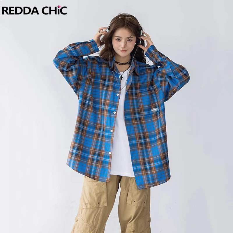REDDACHiC Tartan Retro Long Sleeves Shirt Jacket Women Men Pocket Single-breasted Oversize Blouse Top Casual Autumn Outerwear 240826