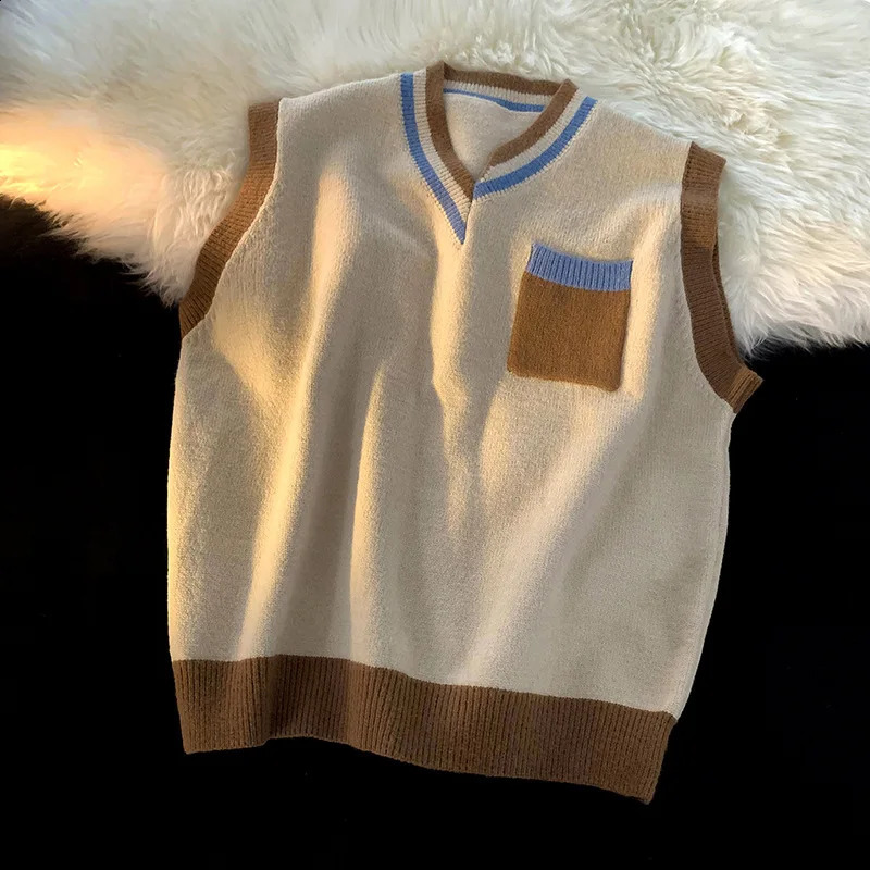 EBAIHUI Mens V-neck Sweater Fashion Contrast Patchwork Sleeveless Male Tank Top Autumn Korean Loose Knitted Vest Pullover Tops 240826