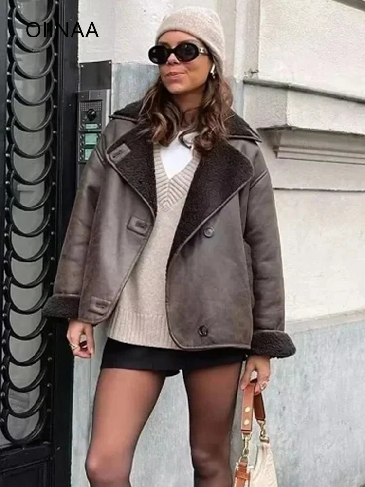 OIINAA Womens Artificial Leather Jacket Fashion Autumn Winter Warm Single Chest Pocket Coat Fashion Leather Jacket 240827