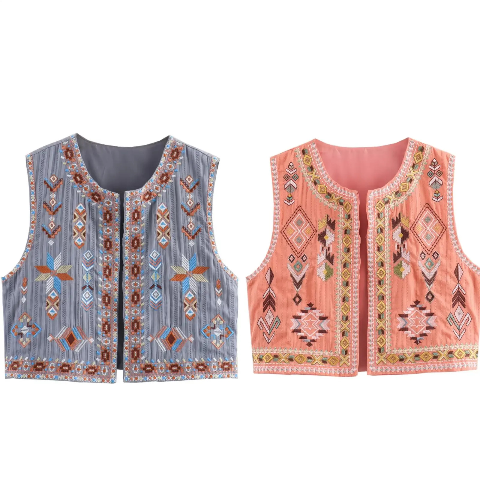 2024 Summer Womens Clothing European and American Style Retro Round Neck Sleeveless Loose Embroidered Vest Short Coat 240826