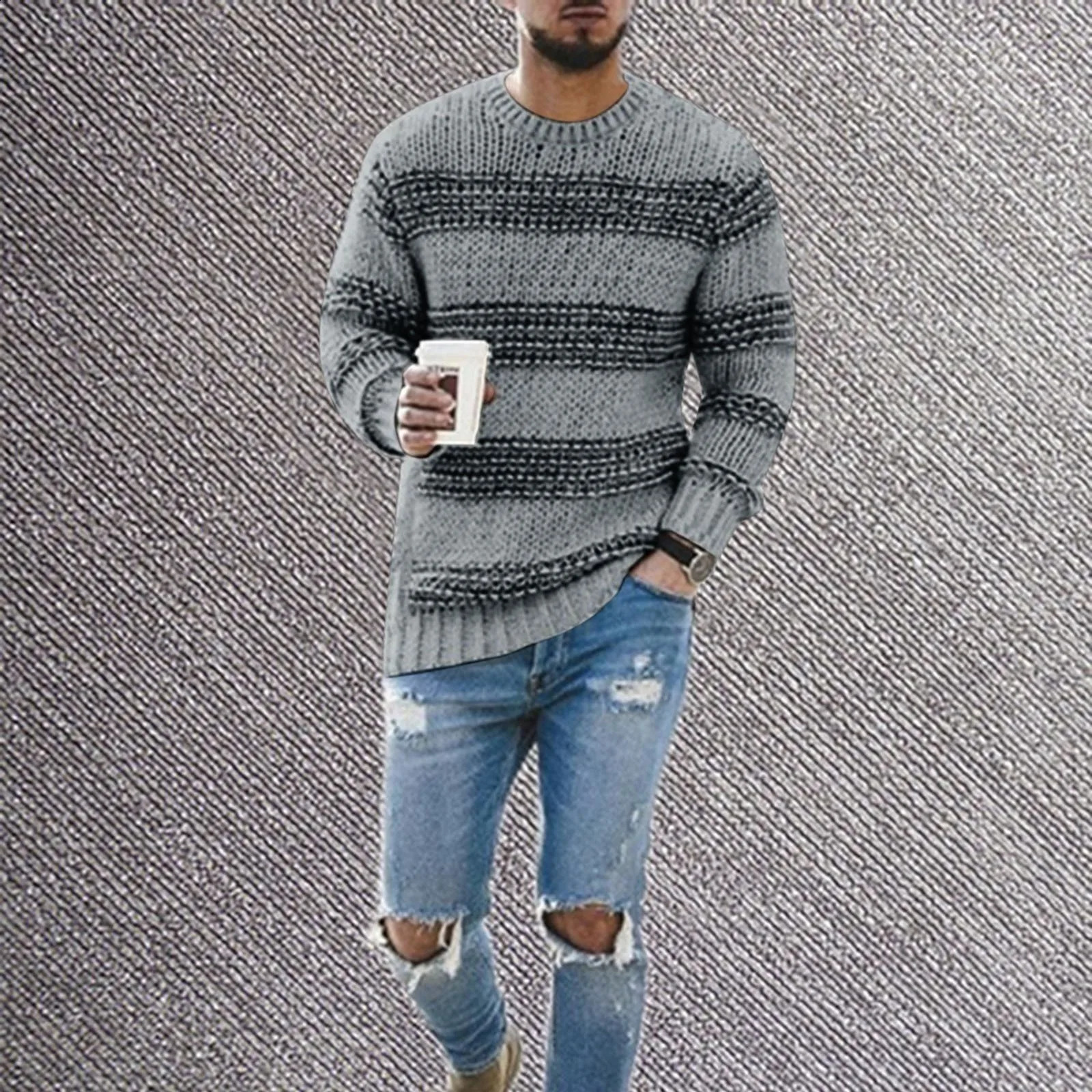 Mens Autumn/Winter Collar Round Sweater Knitted Striped Casual Full Sleeve Drawn Durable Day Coat 1 Piece Mens Shirt 240827