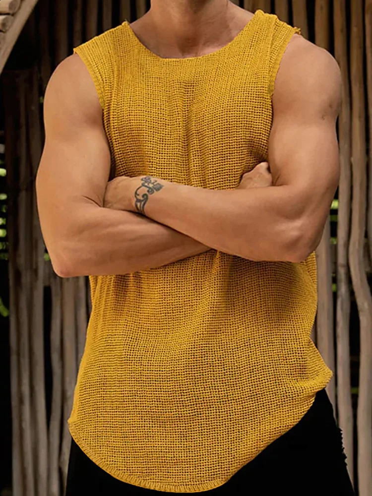 Men Sexy Hollow Out Solid Sweater Tops Spring Summer O Neck Knit Sleeveless Casual Male Polo Shirts Slim Streetwear Top 240827