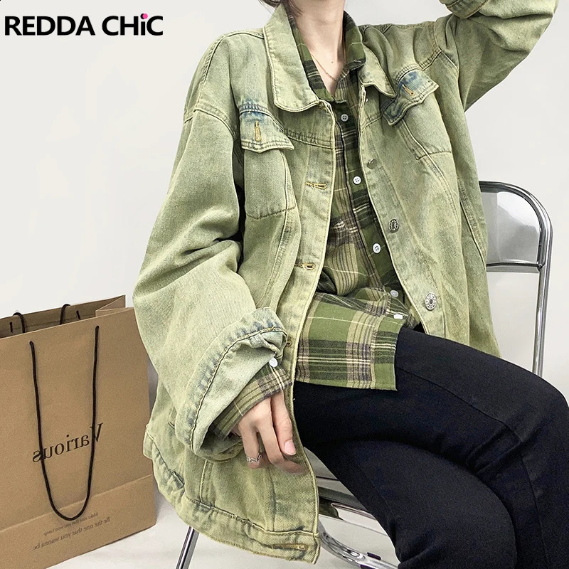 REDDACHiC Avocado Green Women Denim Jacket Oversize Skater Long Sleeves Shirt Coat Acubi Fashion Grunge Y2k 90s Vintage Outwear 240826