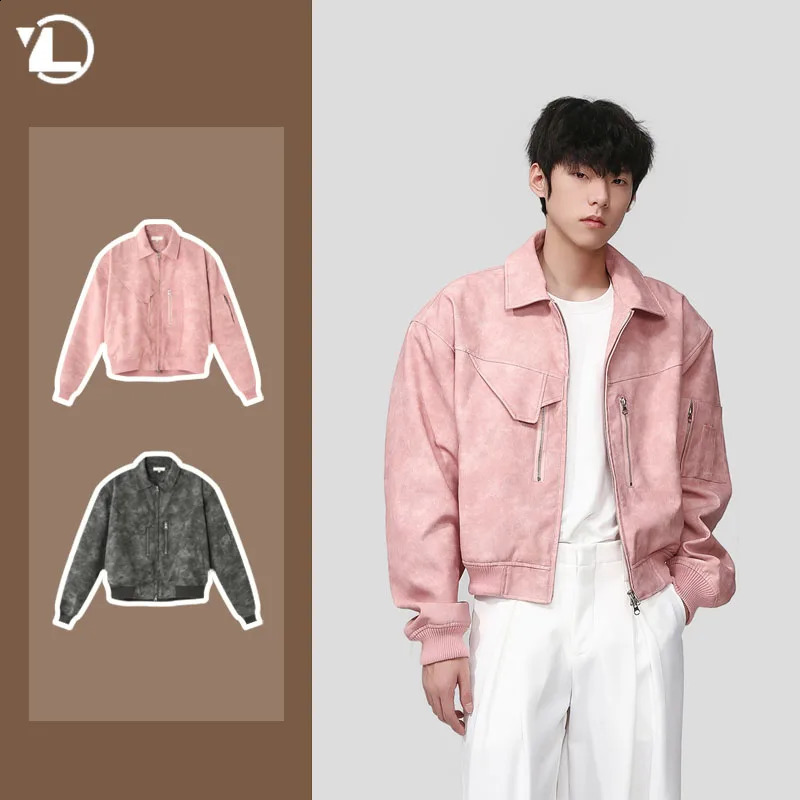 Street Motorcycle PU Leather Jacket Mens American Hip Hop Tie-dyed Zipper Lapel Coat Fashion Short Couple Outwear 240826