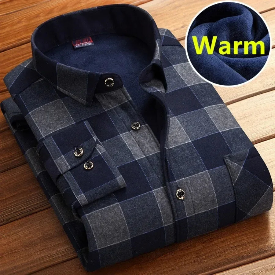 Mens Business Shirts Autumn Winter Fleece Warm Shirt Man Lapel Single-breasted Long Sleeve Shirts Casual Shirt for Men 240826