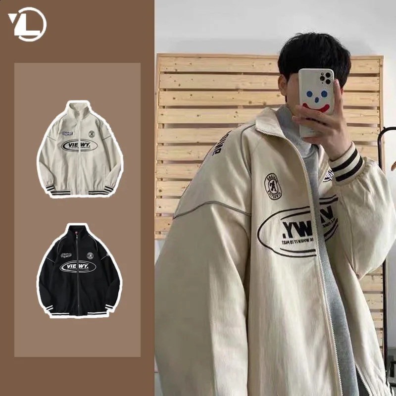 College Casual Jacket Men Fashion Stripe Letter Print Couple Baseball Jersey Street Hip-hop Zipper Loose Bomber Coat 240826