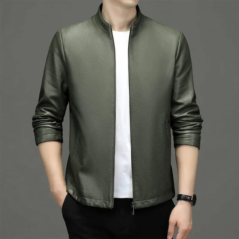 High Quality Men Leather Jacket Korean Fashion Mens Standing Collar Ecological Clothing Coat Outerwear 240826