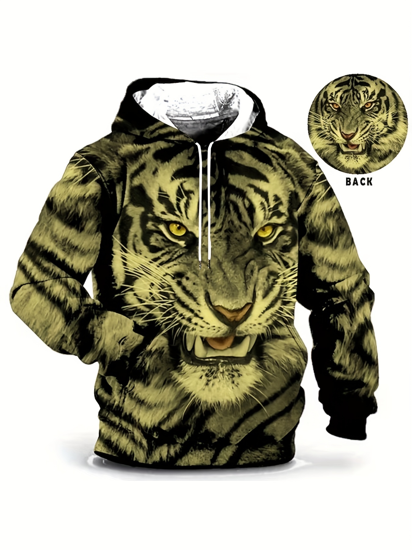 Plus Size Designer Men's 3D Grinning Tiger Graphic Print Hooded Sweatshirt For Spring/Autumn, Stylish Oversized Long Sleeve Hoodies For Males,