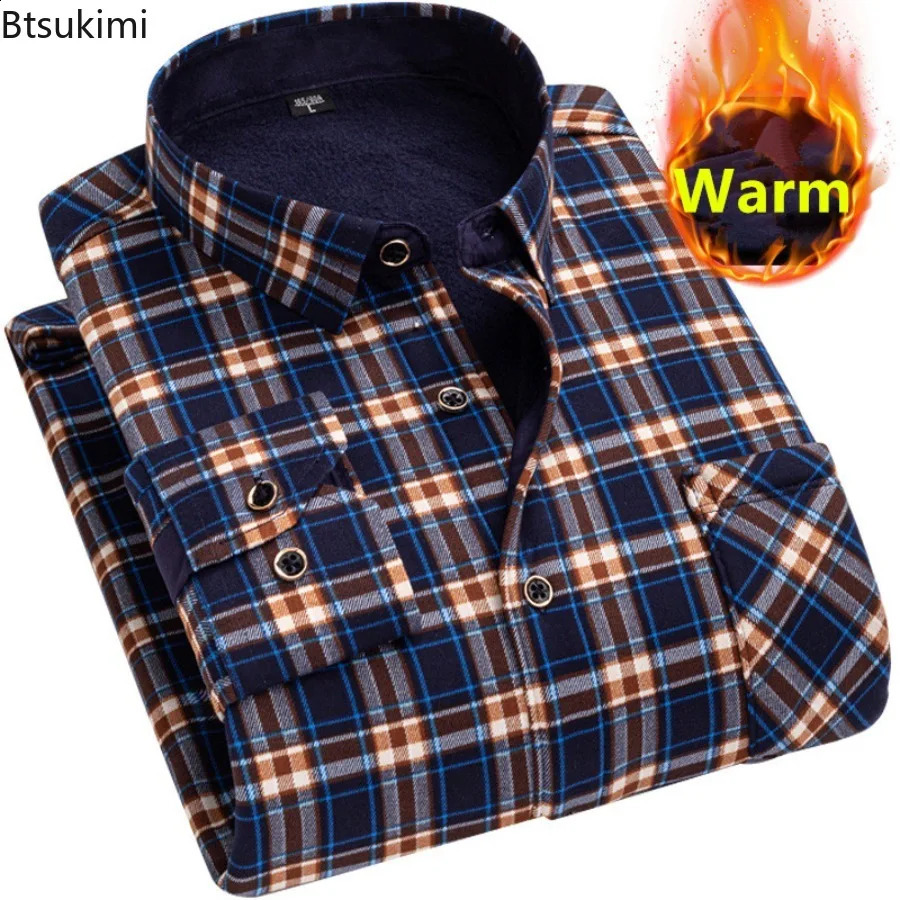2024 mens warm shirt autumn and winter wool warm long sleeved printed plain weave shirt mens lapel top mens clothing 240827