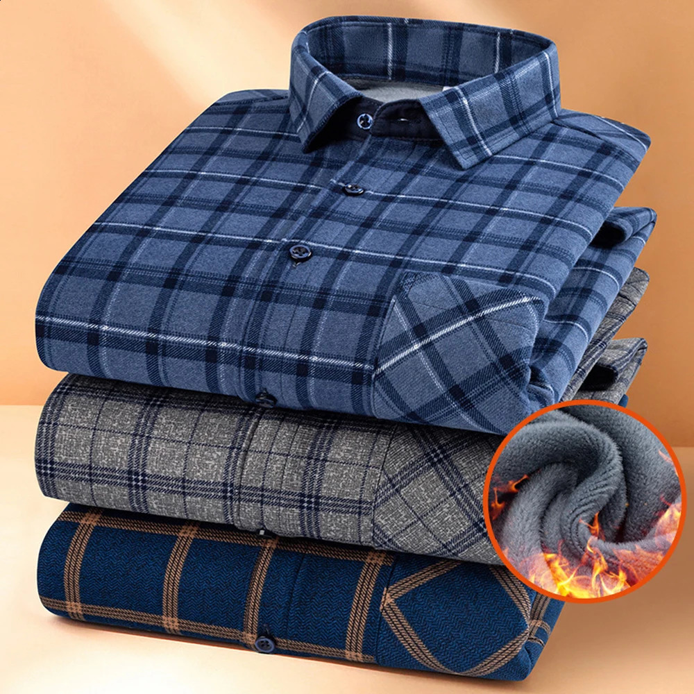 Autumn Winter Mens Warm Shirt with Velvet Padded Plaid Lapel Button Pocket Shirt Casual and Comfortable Long Sleeve Shirt L-5XL 240826