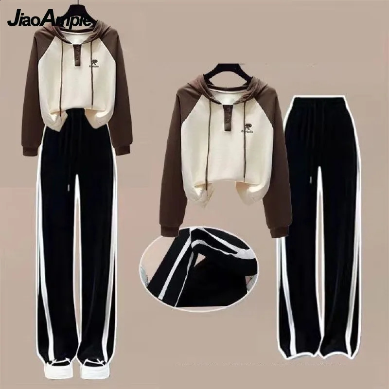 Womens Spring Autumn Tracksuit Suit Korean Elegant Casual Hooded SweaterLoose Pant Two Piece Female Sportwear Matching Set 240827