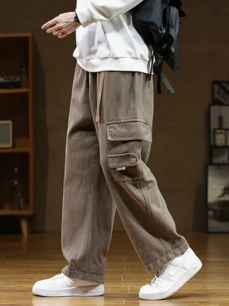 Pantalons de cargaison automne multi-poches en coton pantalon large occasionnel des vêtements de travail masculins pantalons droits en vrac grand