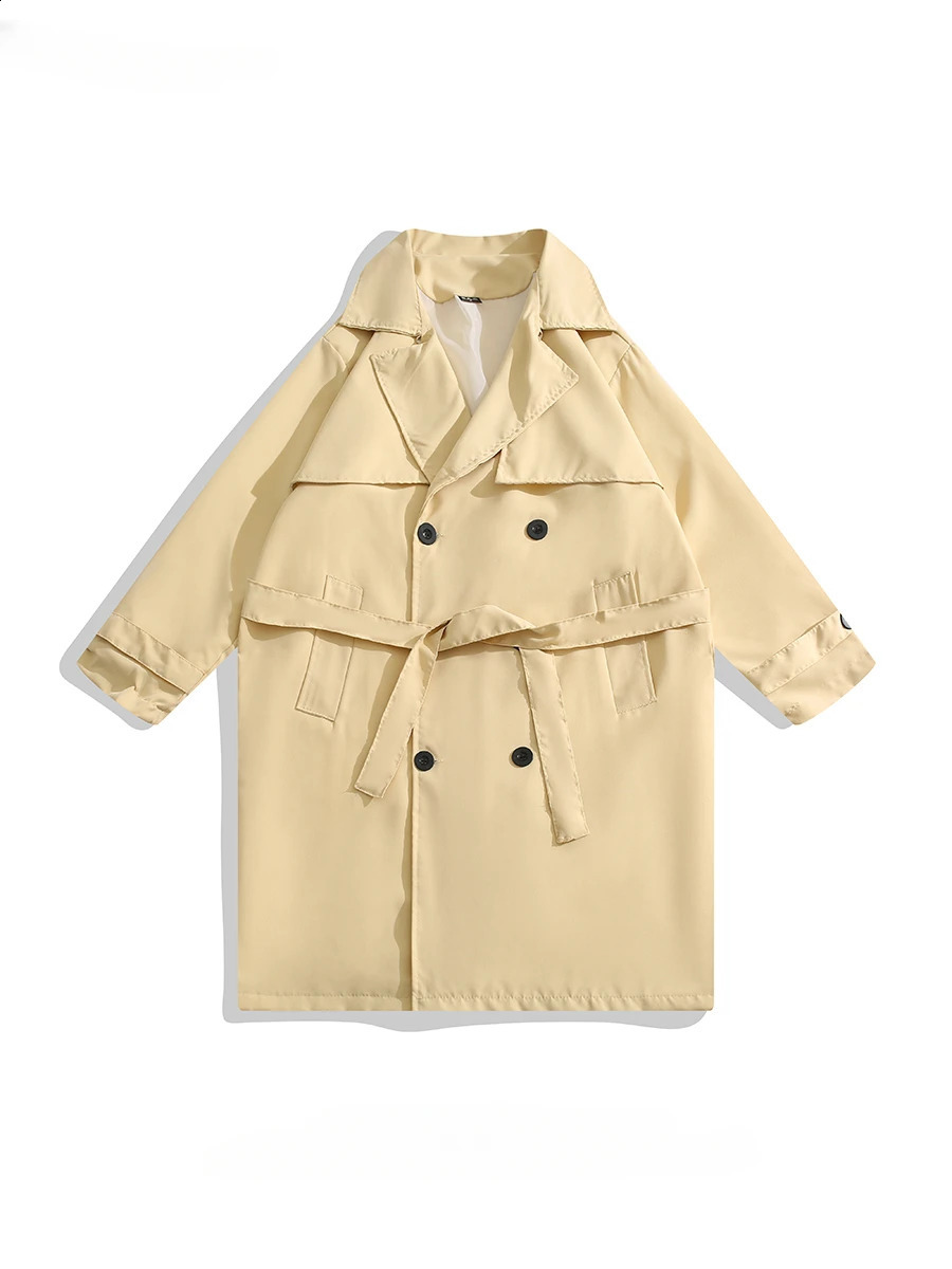 Mens Lapel Solid Color Mid-length Windbreaker Jacket Trendy Street Korean-style High-end Handsome Double Breasted Trench Coats 240826