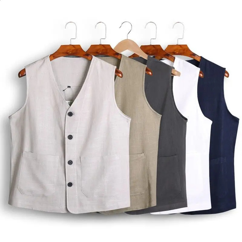 Mens Vest Dress Linen Cotton Waistcoat Jacket Male Formal Gilet For Mens Jeans Summer Casual Business Victorian Clothing 240826