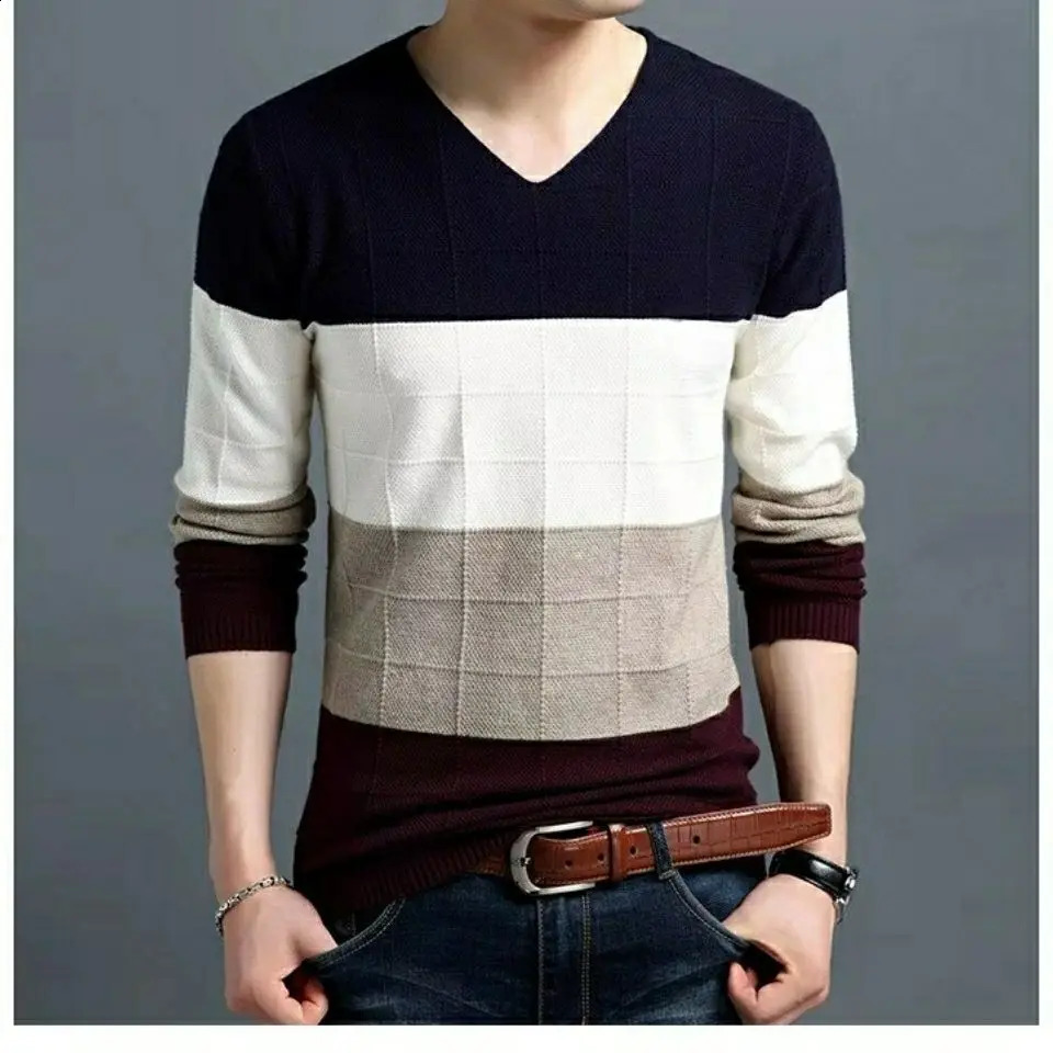 Korean simple casual mens long sleeved sweater V-neck colorful block jacquard version fashionable loose autumn item knitted floral pattern 240827
