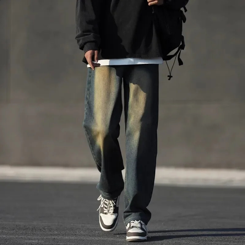 European and American retro smoke grey mens jeans high street straight casual denim Trouser in Spring and Autumn S-3XL 240827