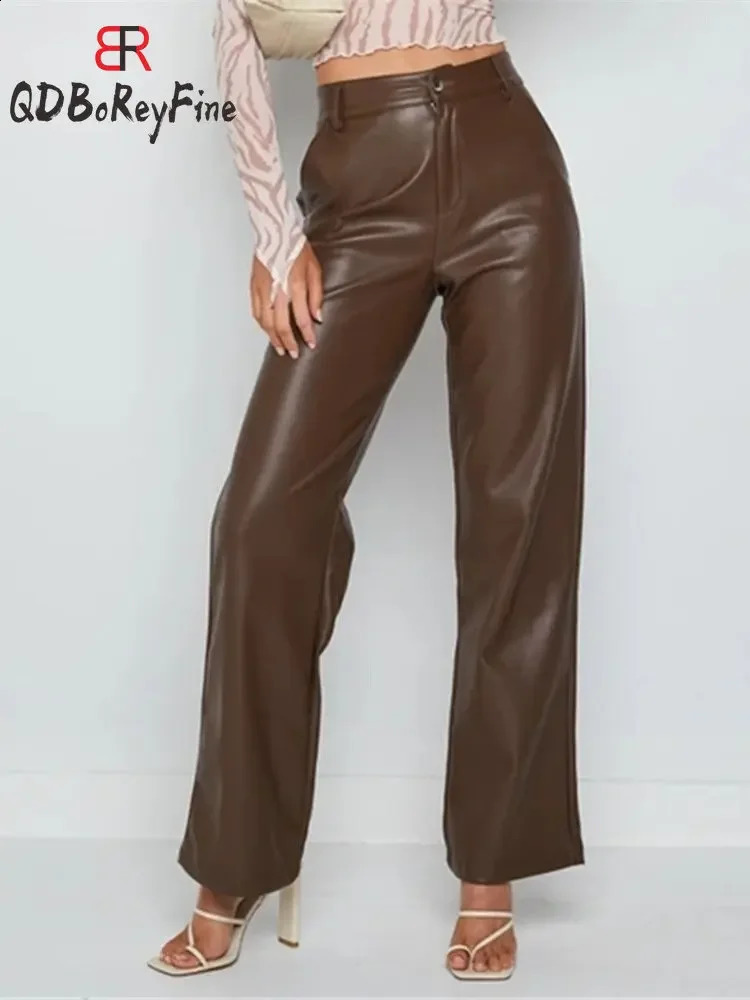 Women PU Leather Pants Winter Autumn Full Length Oversize Green High Waist Loose Casual Solid Staight WideTrousers Female 2024 240826