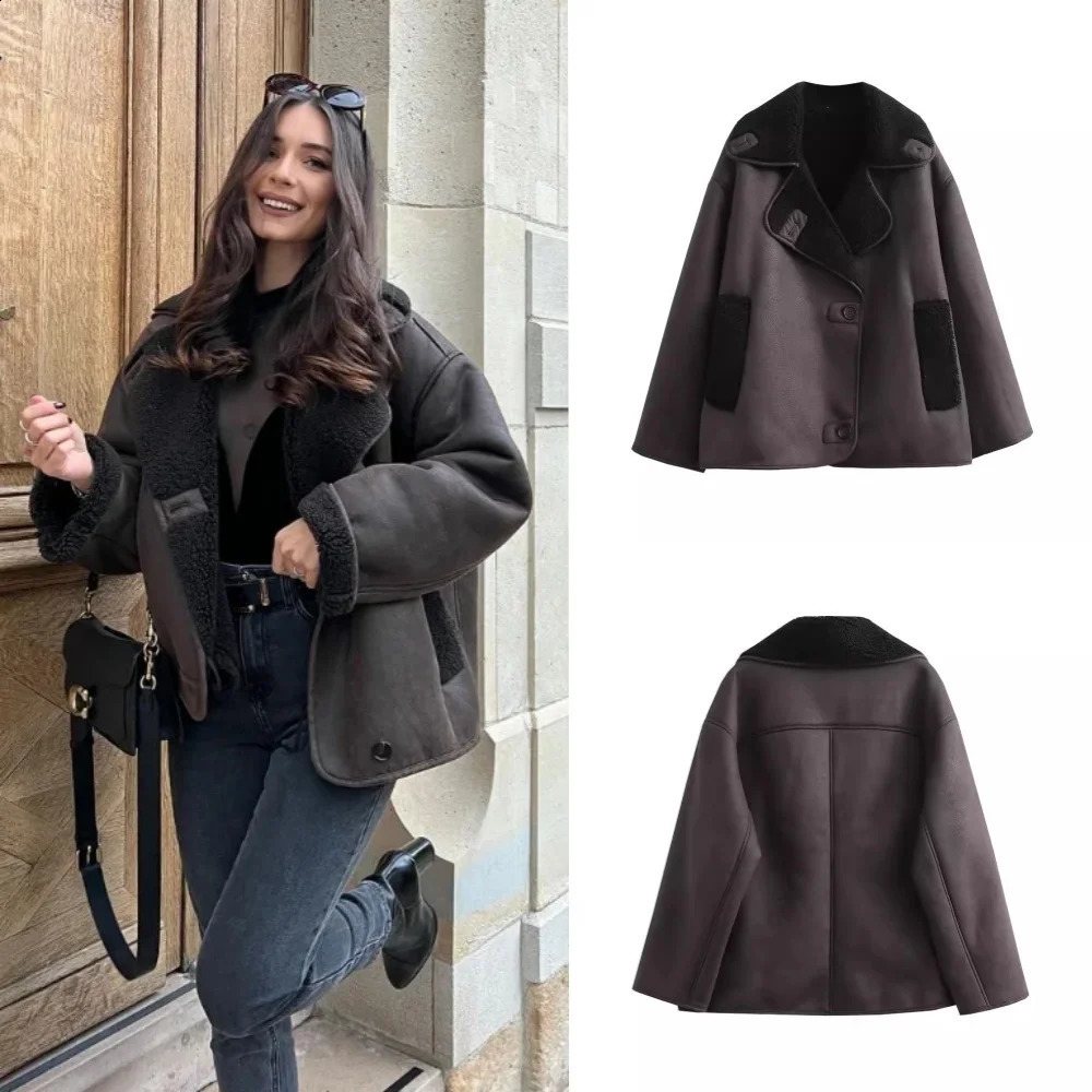 Fashionable womens thick synthetic leather jacket womens 2024 winter warm wool blend chic jacket lapel Pu plush jacket 240827