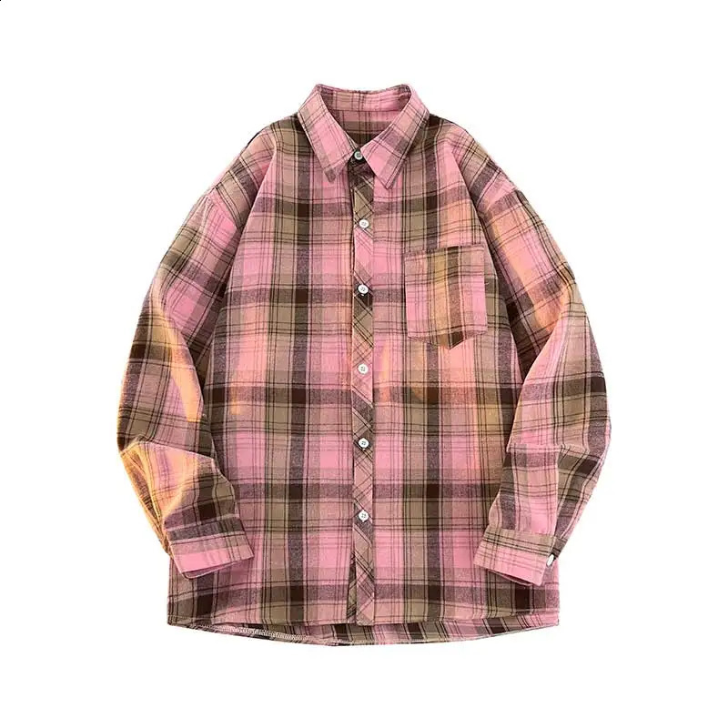 Mens Clothing Spring Autumn Turn-down Collar Long Sleeve Checkered Contrast Color Button Boyfriend Shirt Casual CardiganTops 240826
