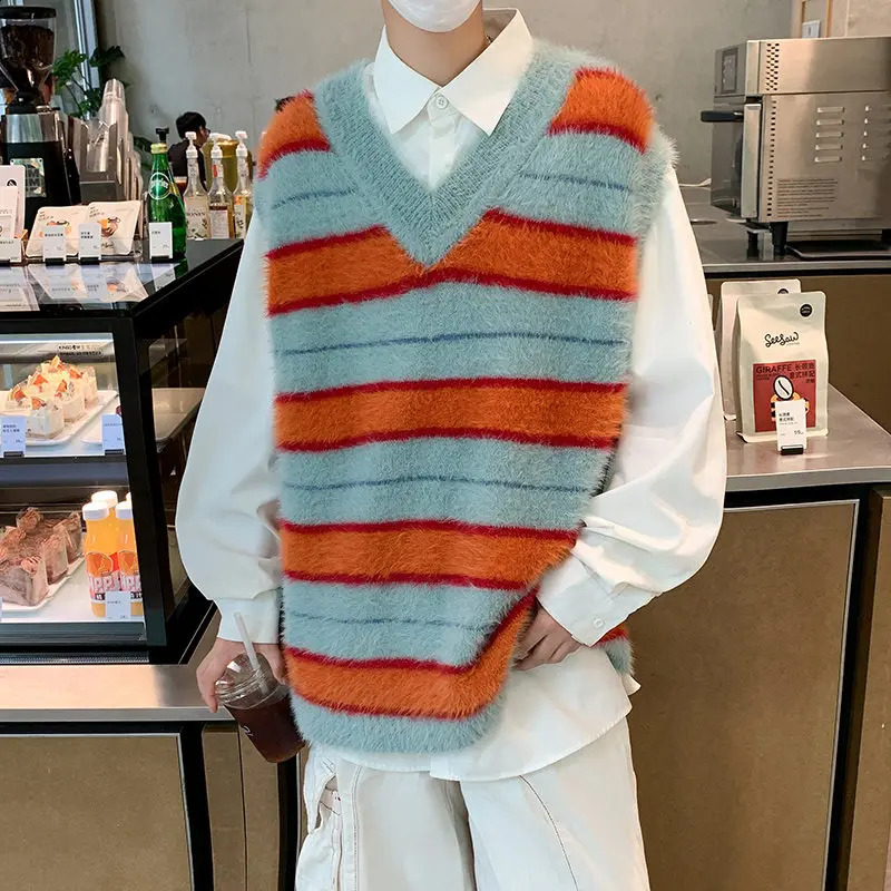 Men Pulllate en tricot sans manches décontractée V cou de cou coréen tricot coréen haut de couches de la mode élastique des gilets de contraste d