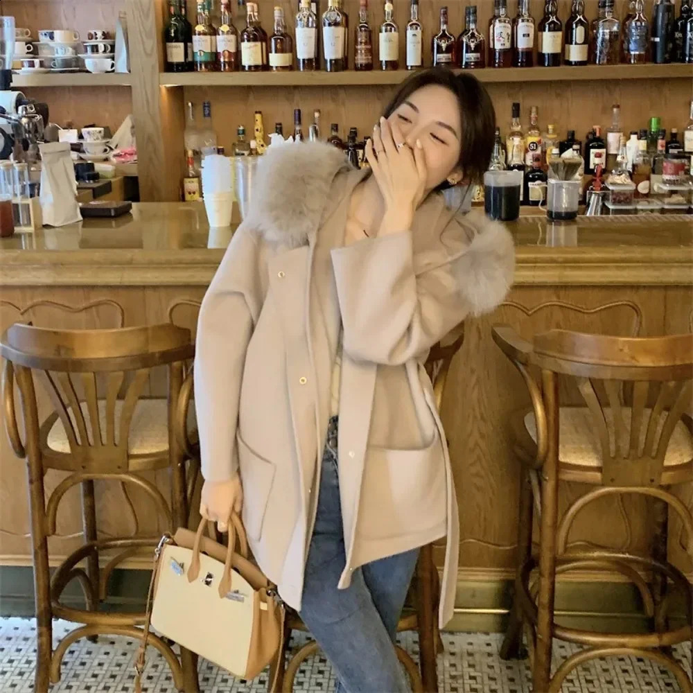 2024 Winter Womens Loose Warm Large Size Thickened Park Fur Collar Hoodie Genuine Fur Fox Wool Coat Womens 240827