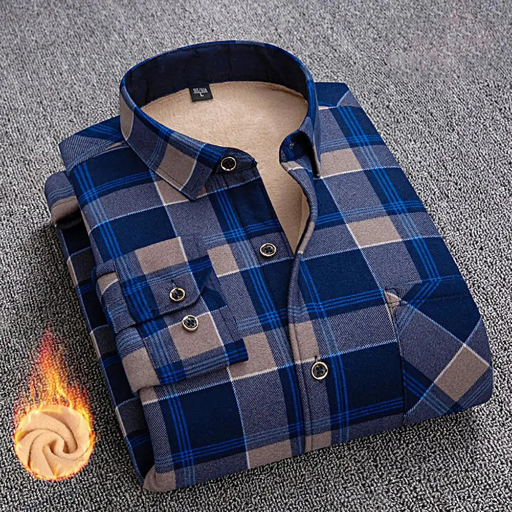 autumn and winter mens classic plain weave long sleeved mens velvet thick warm high-quality shirt 240827