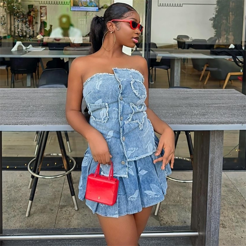 Denim Crop Tops 2 pièces mini-jupes Femmes Sexy Y2K Streetwear Crop Tops Two Piece Sets Tenues d'été Cargo Jean Pleat Robe 240826