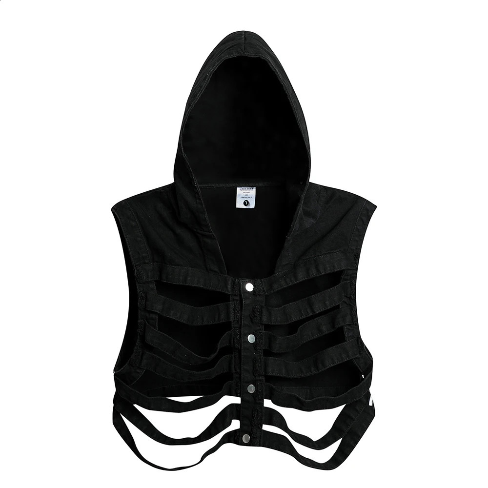 Blue Black Hollow Out Skull Skeleton Hooded Denim Vest Men Women Hip Hop Punk Sleeveless Jeans Waistcoat Short Jacket 240826