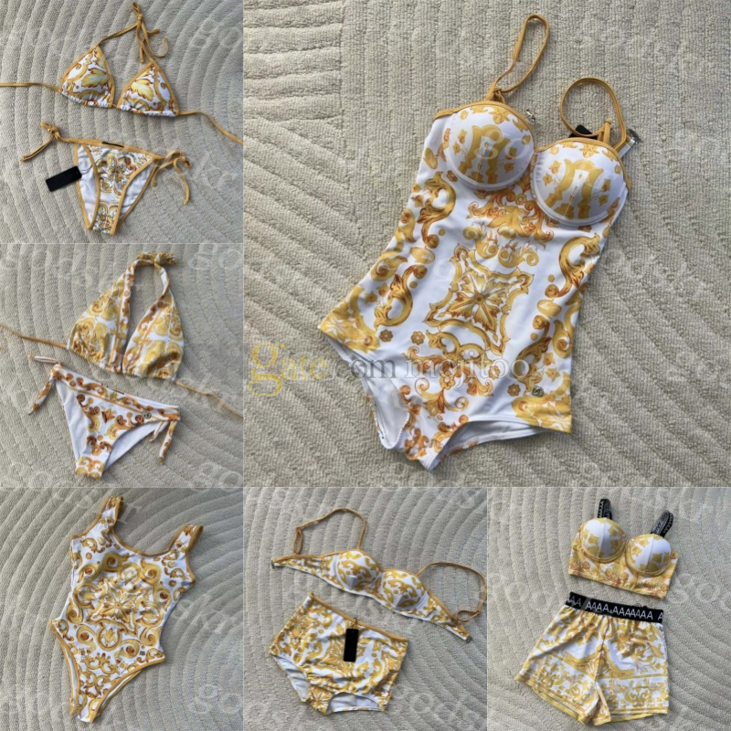 Yellow Vintage Print Bikini Womens Fashion Designer Strappy Beach Swimsuit Classic One Piece Swimsuit-image-938171714