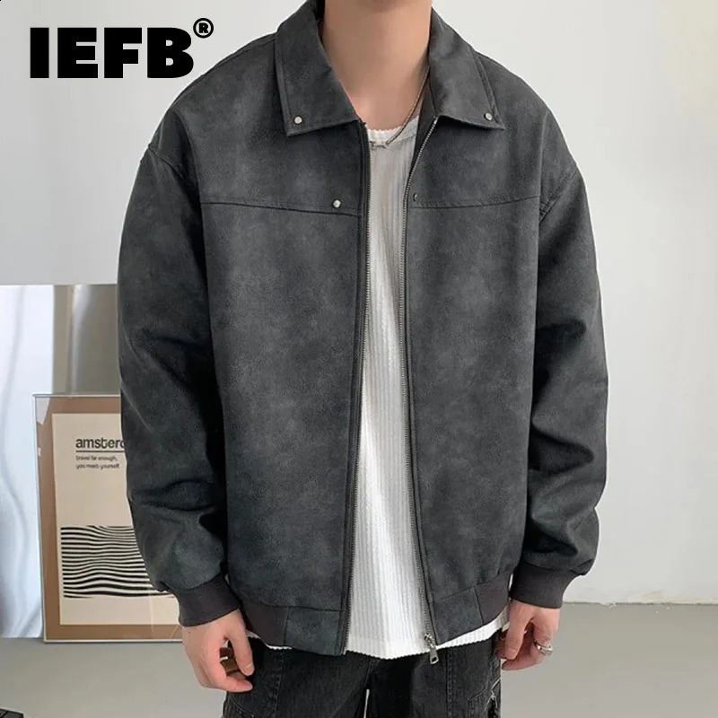 IEFB Autumn Mens Jackets Casual PU Leather Solid Color Turndown Zipper Metal Button Male Loose Coats Stylish Menwear 9C7181 240826