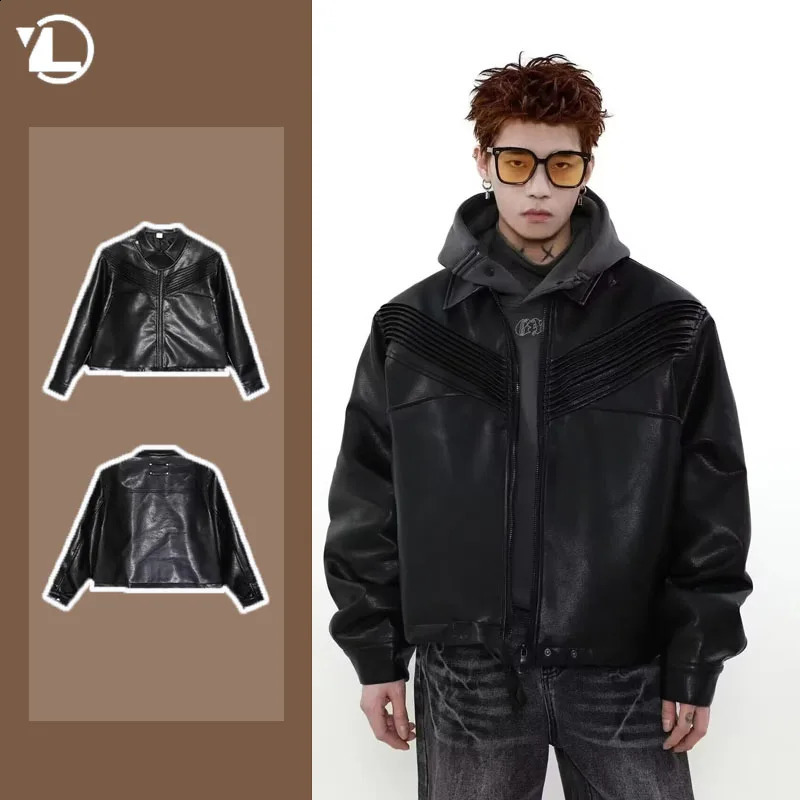 Harajuku Motorcycle PU Leather Jacket Mens Spring Punk Shoulder Pads Loose Coats Japanese Streetwear Trendy Male Outwear 240826