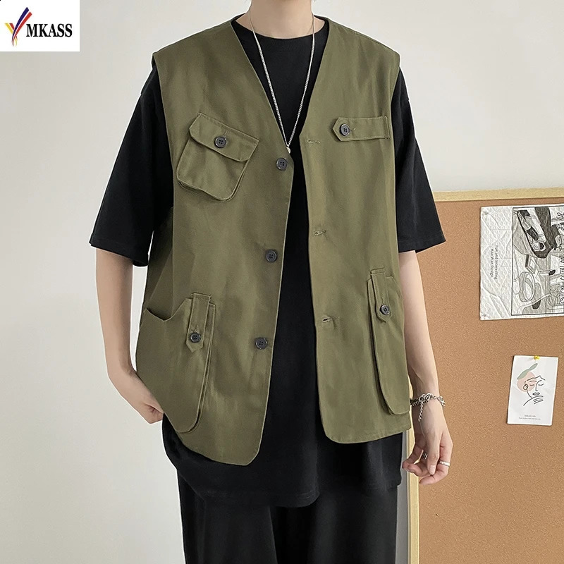 Mens mode coréen style outillage gilet streetwear hip hop veste sans manches militaire multi-poche manteau 240826