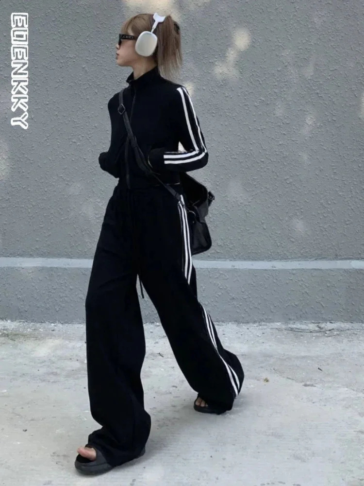 Womens Tracksuit Long Sleeves Zipper Short Jacket Wide Leg Pants Autumn Spring Korean Chic Casual Solid Outfits 2-piece Set 240827