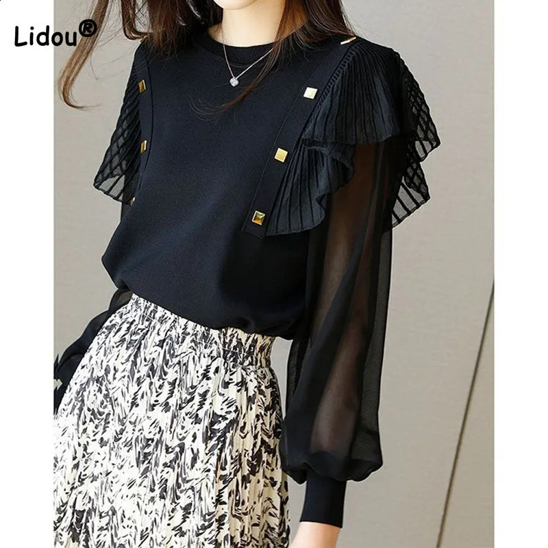 Elegant Korean Ruffles Spliced Round Neck Tops Womens Clothing Fashion All-match Long Sleeve Solid Color T-shirt for Female 240827