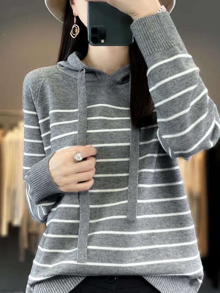 Sweats à capuche en laine à rayures et pulls molletonnés pour femmes pulls à manches longues tricots cavaliers femelles à swets de mode de mode 2