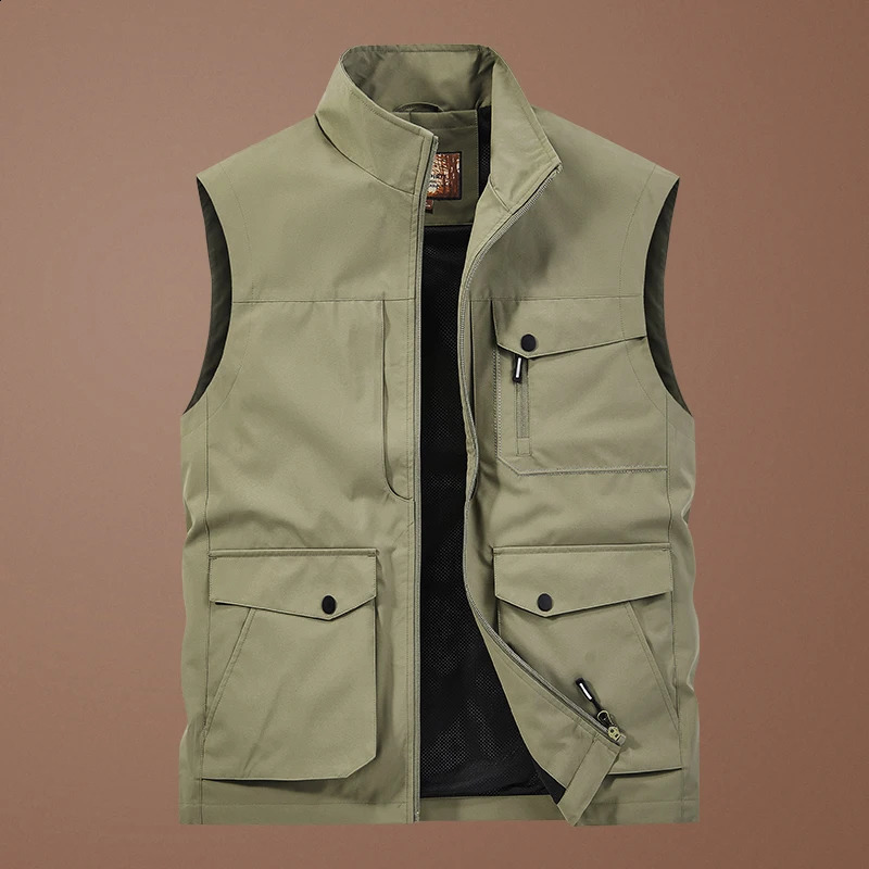 Mens Clothing Turtleneck Spring Autumn Solid Color Zipper Pockets Cardigan Sleeveless Jackets Coats Casual Vintage Punk Tops 240826
