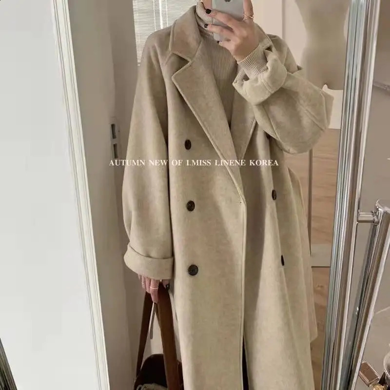 Blends Women Mid Length Wool Coats Splice Korean Jackets Turn Down Collar Full Sleeve Double Breasted Thick Autumn Winter 240826