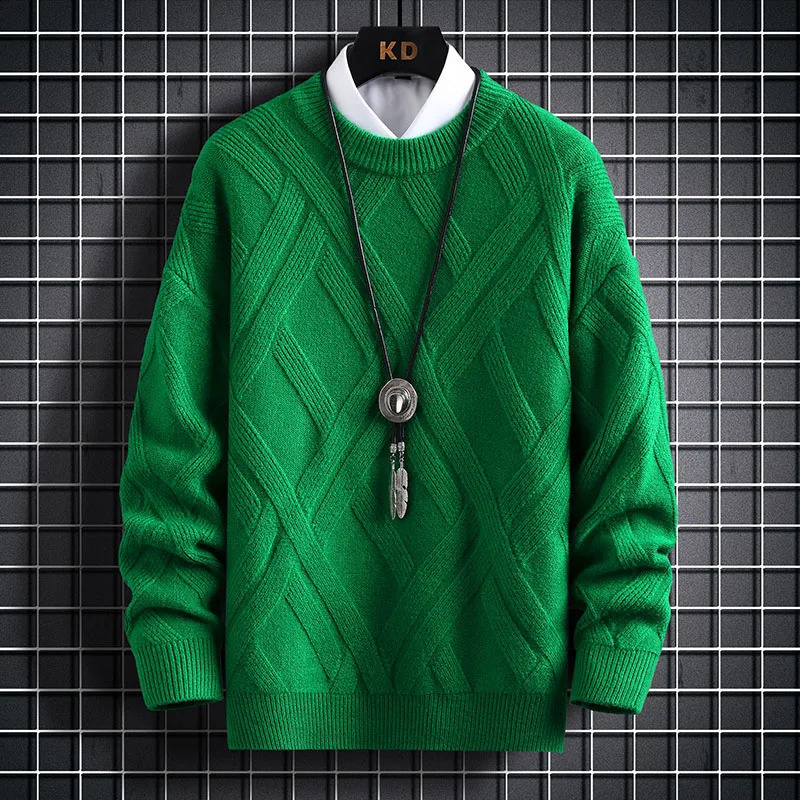 retro warm pine sweater mens autumn casual plain weave with winter loose Harajuku style knitted sweater O-neck mens top 240827