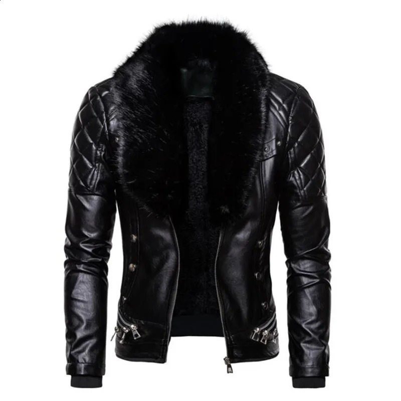 punk style mens PU leather jacket solid color fur collar detachable river casual retro style mens fur coat jacket 240826