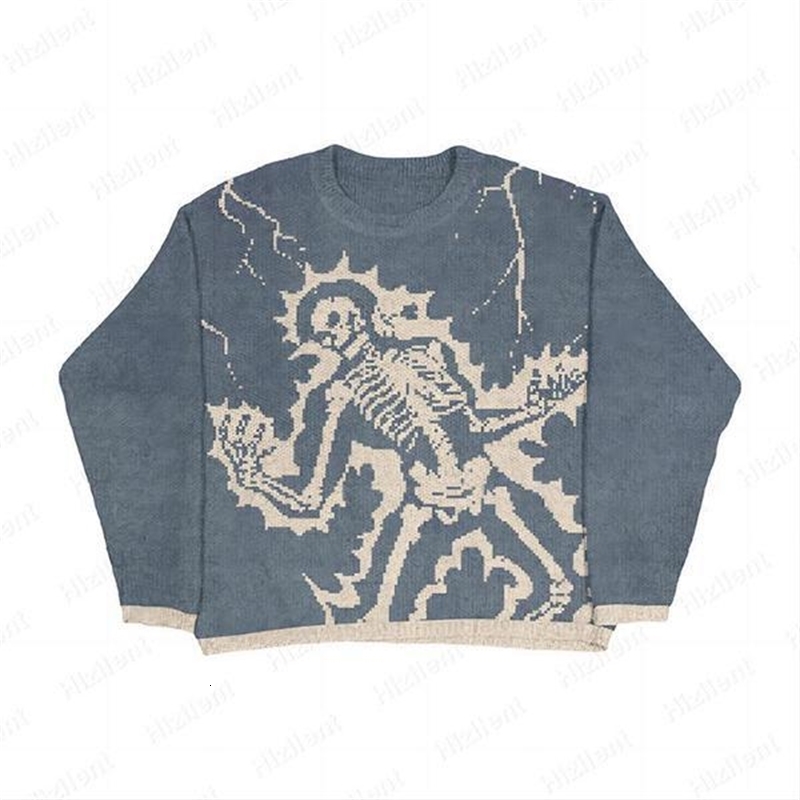 Men Sweater Blue Loose Skeleton Bone Printing Woman High Quality Streetwear Vintage Knitted Winter Knitwear Clothes 240826