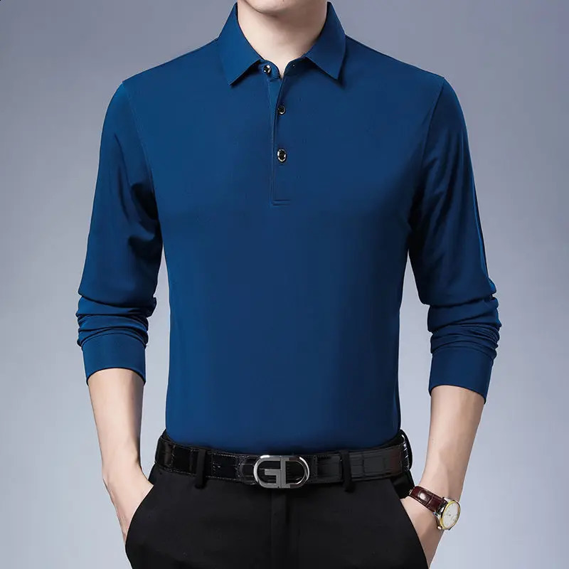 Autumn Mens Thin Solid Color Polo Collar Long Sleeved T-shirt with Winter Plush Simple and Warm Casual and Versatile Base Top 240826