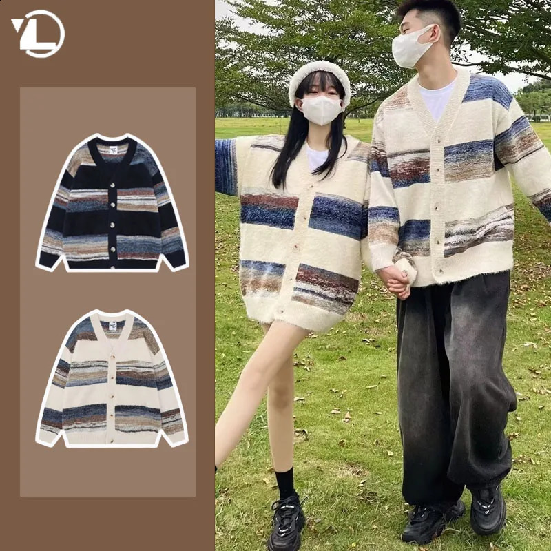 Japanese Street Harajuku Men Cardigan College Fashion Loose Sweater Coat Single Breasted Trendy Unisex V-neck Knitted Jacket 240826
