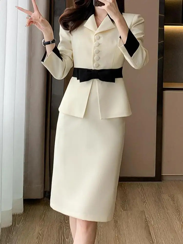 Printemps automne français sweet deux pièces ensembles femmes tempérament patchwork bouton de blazer blaser top hauteur taille mid jupe combinais
