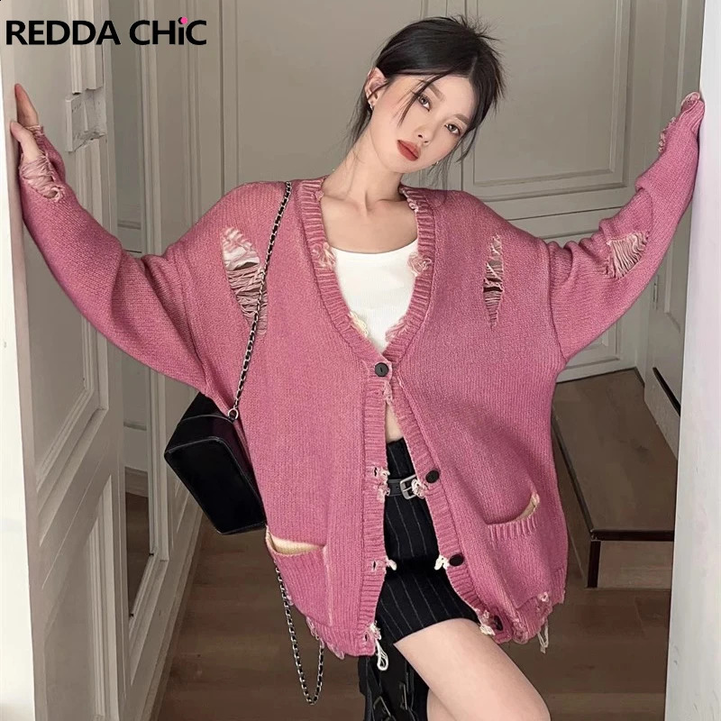 Reddachic gloton détruit cardigan pour femmes cravate rose teinture en V V-coulles longues à manches longues Y2K Vintage Oversize Pull veste mant