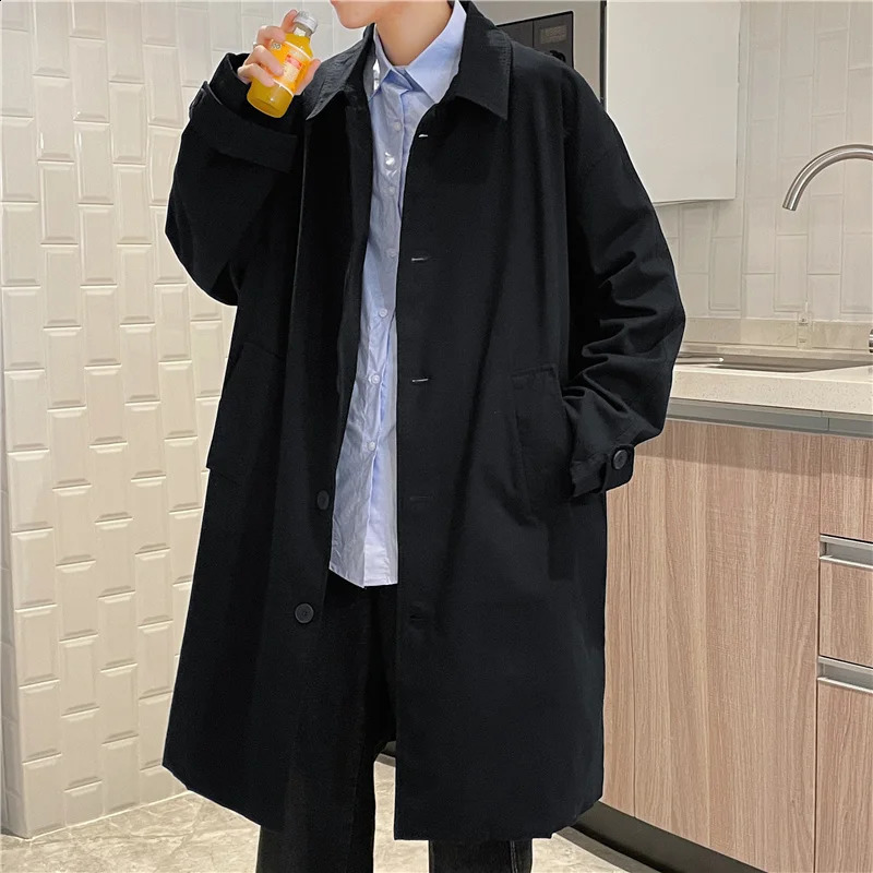 Hong Kong Style Japanese Knee Length Coat Casual Mens Autumn Winter Windbreakers Mid Length Korean Versatile Workwear Jackets 240826